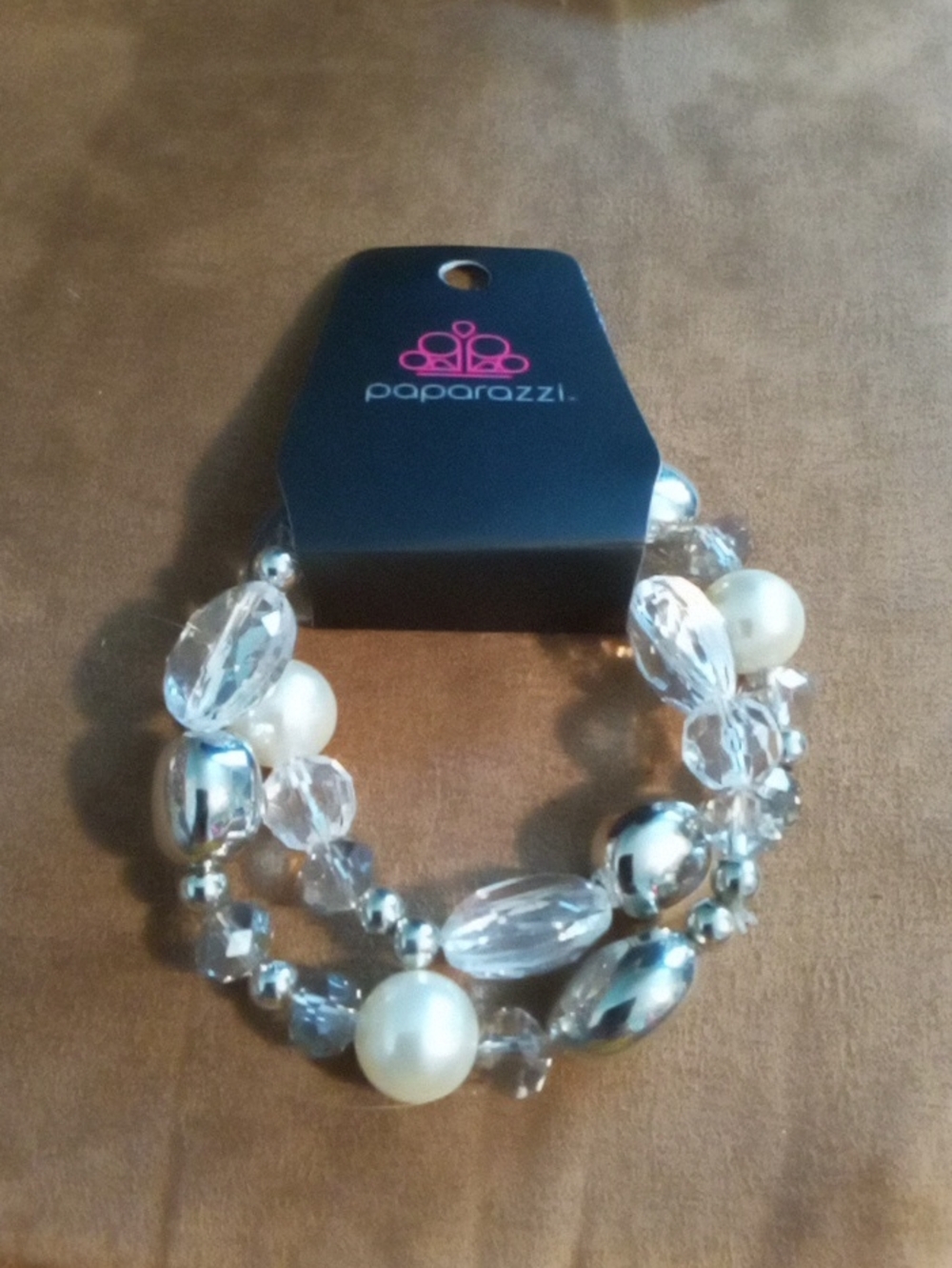 paparazzi Silver, Clear & Pearl Multi-Strand Stretch Bracelet